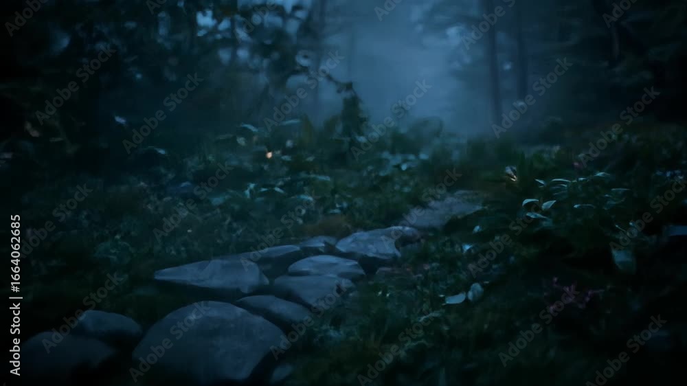 Poster enchanted forest path illuminated with soft glowing lights at twilight