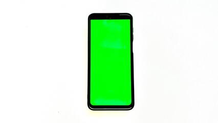 Smartphone with Green Screen on White Background. The phone positioned vertically. 