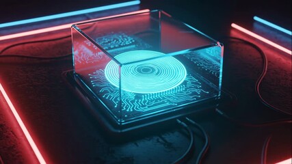 Close-up of a glowing microchip in a glass container with a blue holographic projection and connected wires against a neon background. Concept of future technologies and artificial intelligence - Powered by Adobe