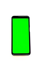 Smartphone with Green Screen on White Background. The phone positioned vertically. 
