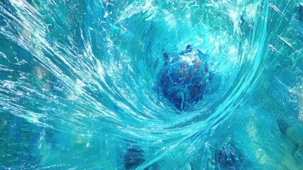 A towering blue wave frozen mid-crash, revealing swirling currents and dark shapes beneath.