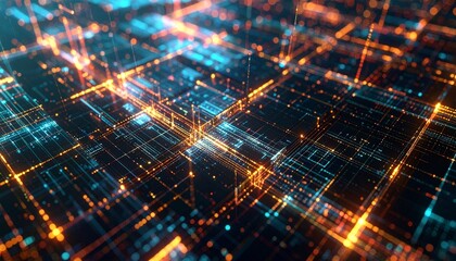Abstract digital network glowing lines and nodes, futuristic technology background.