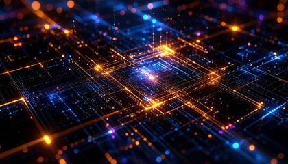 Abstract visualization of a glowing central processing unit with intricate, luminous pathways of data.