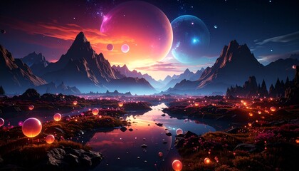 A breathtaking alien landscape at twilight with colossal planets dominating the sky, reflecting in a winding river amidst glowing orbs and majestic mountains.