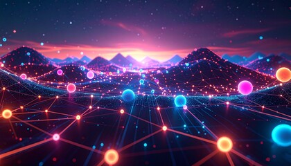 Abstract digital network landscape with glowing nodes and connections under a vibrant sky.
