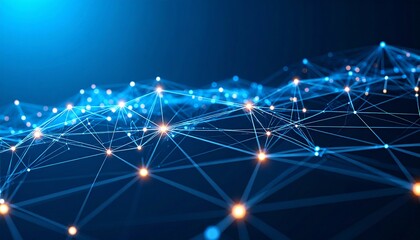 Abstract digital network visualization with interconnected nodes and glowing lines on blue background.