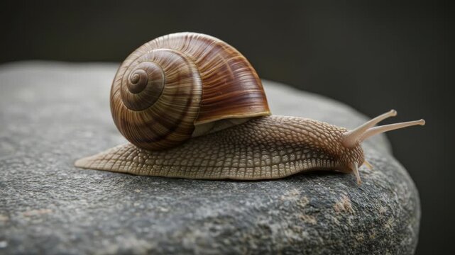 A large land snail with a spiraled brown shell crawls across a grey, textured rock against a blurred dark background
