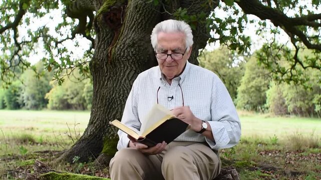 Old man reading a book under a tree