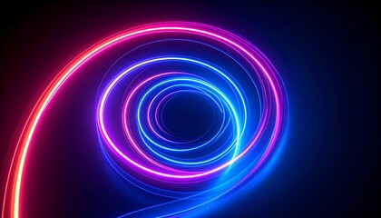 A swirling spiral of vibrant pink and blue neon light trails on a dark background.