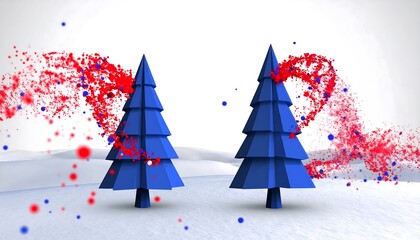 Two stylized blue Christmas trees with red particle trails on a snowy background