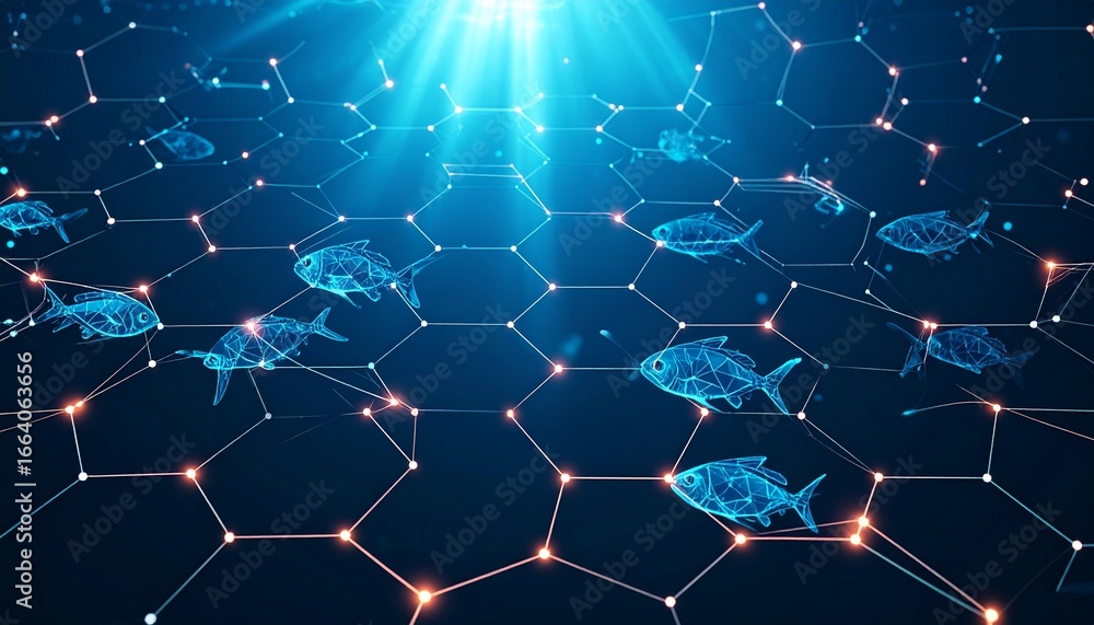 Poster abstract digital fish network, hexagonal grid pattern.