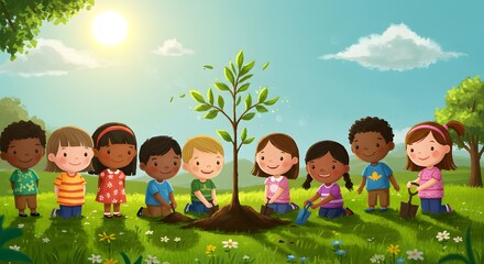 World Planting Day Tree Planting Day Happy multicultural children planting a young tree together, a lesson in teamwork and environmental care for a sustainable future