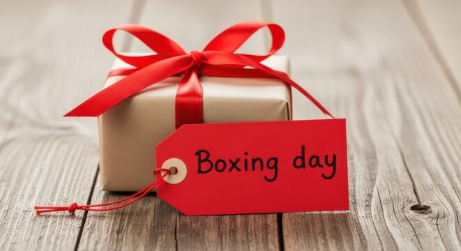 A beautifully wrapped gift with a red ribbon and a tag that says boxing day sits on a rustic wooden surface - Powered by Adobe