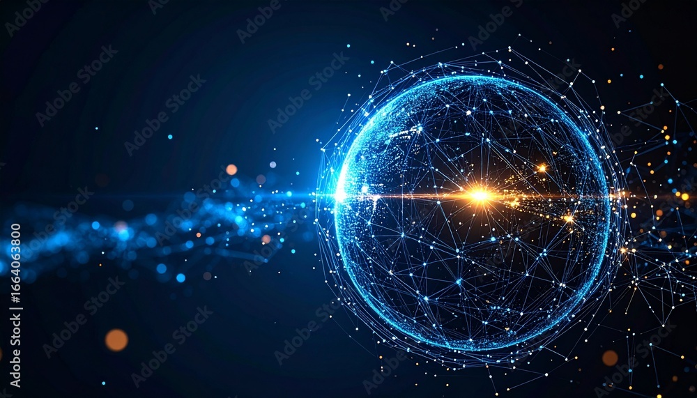 Aufkleber a glowing blue sphere of interconnected digital nodes and lines, representing global technology and 