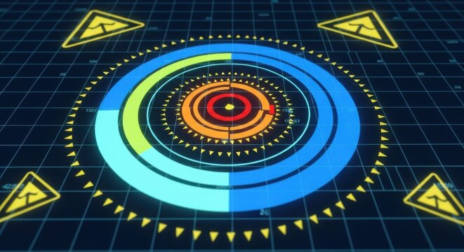 A futuristic hud interface displays a circular radar with warning symbols, representing advanced technology and data scanning