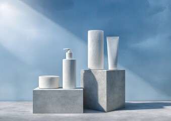 White cosmetic products on gray cubes, bathed in sunlight