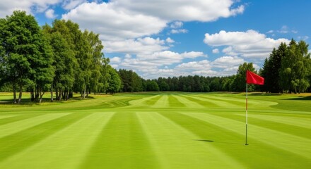 A red flag stands on a lush green golf course under a blue sky with fluffy white clouds