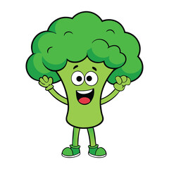 A cheerful cartoon broccoli with a big smile raises his hands in joy, spreading positive energy and healthy vibes in a fun and playful veggie character design.
