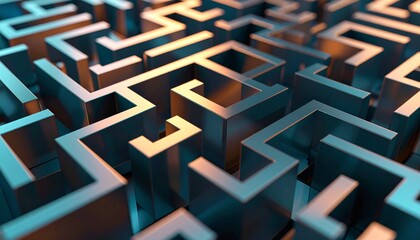 Intricate metallic maze with sharp angles and reflective surfaces, suggesting complexity and challenge.