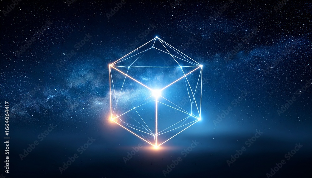 Aufkleber abstract geometric cube in space with stars and nebula background, glowing with light.