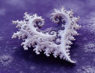 Ornate heart-shaped fractal, light-lavender, on purple textured surface