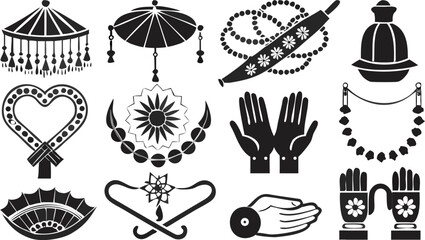 Illustration of traditional wedding elements including umbrellas, jewelry, and hand decorations silhouette