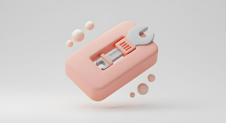 3D render of a stylized wrench in a pink rectangular block with floating spheres. Settings, maintenance, and service concept.