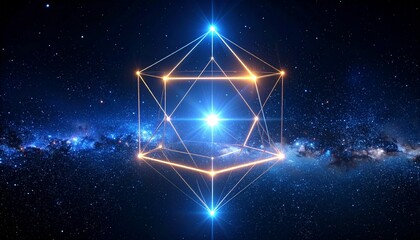 A vibrant digital illustration of a geometric form, radiating light within a cosmic space, symbolizing energy.