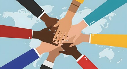 United Nations Day A conceptual illustration of diverse hands stacked in unity over a world map, symbolizing global teamwork, partnership, and community