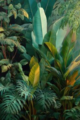 Lush tropical foliage, vibrant greens and yellows, dense jungle backdrop