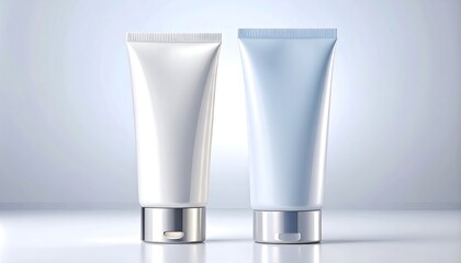 Two tubes of cosmetic product, white and light blue, on a light gray background