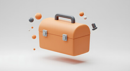 3D Orange Toolbox Icon. Minimalist Repair, Service, and Solution Concept with Floating Elements on White Background