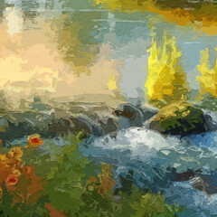 Various oil paintings, floral landscapes, streams, chrysanthemums, horses, cottages, birds, plum blossoms