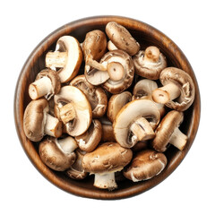 champignon mushrooms in a bowl top view isolate on transparency background
