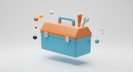 Minimalist 3D Toolbox with Essential Hand Tools and Abstract Spheres on White Background