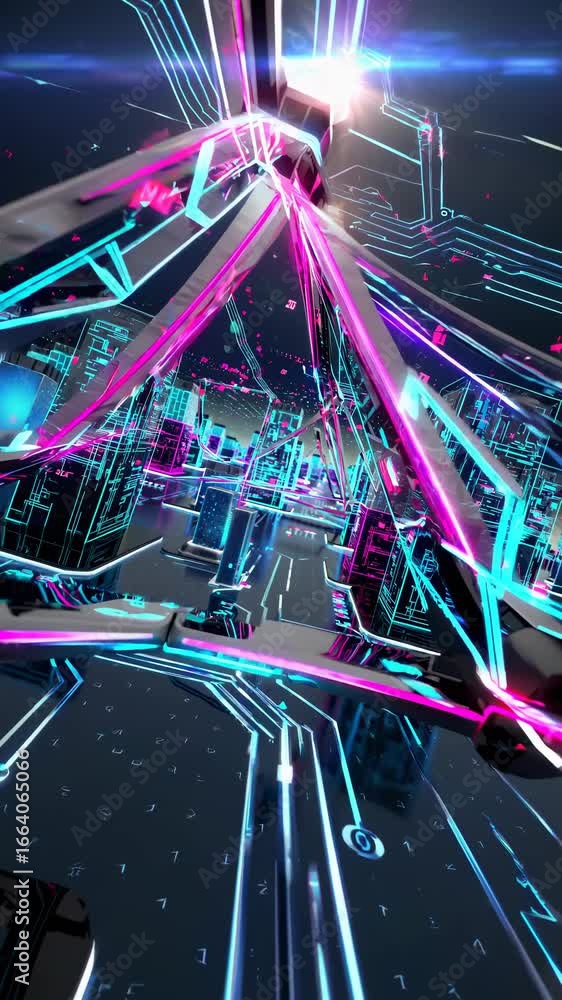 Poster futuristic digital cityscape with neon lights and circuit patterns. dynamic low-angle shot, perfect 