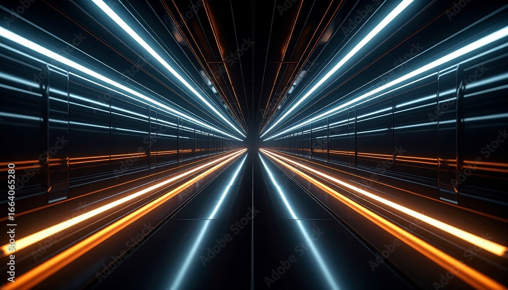 Poster futuristic tunnel with glowing blue and orange light strips converging into the distance, creating a