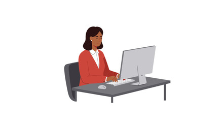 Woman Working on Computer at Office Desk.