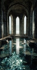 Ruined chapel interior, water reflection
