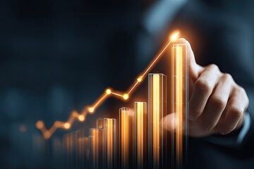 A hand points at a glowing, upward-trending bar graph.  Abstract business growth concept