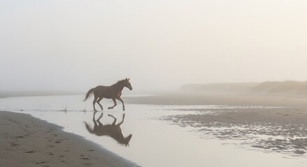 Horse Galloping Through Shallow Water at Beach