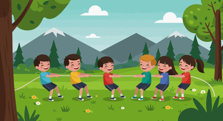 Fototapeta premium Cheerful Children Playing Tug-of-War Outdoors in Nature.