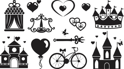 Collection of black and white clip art featuring castles hearts keys and a bicycle in silhouette style