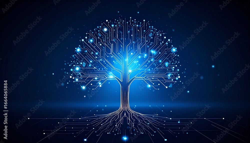 Aufkleber a glowing digital tree of knowledge with circuit board branches and roots symbolizing network growth