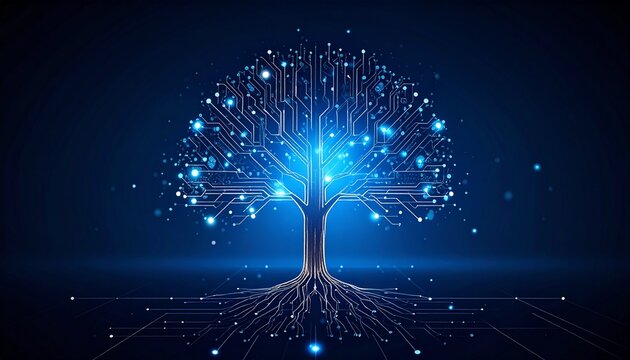 A glowing digital tree of knowledge with circuit board branches and roots symbolizing network growth and data.