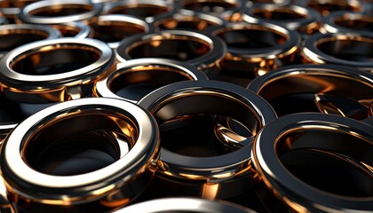 A close-up of many shiny gold metal rings arranged in a dense, repeating pattern.