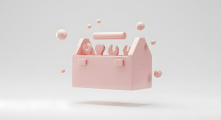 Minimalist Pink Toolbox with Floating Tools 3D Render on Clean White Background