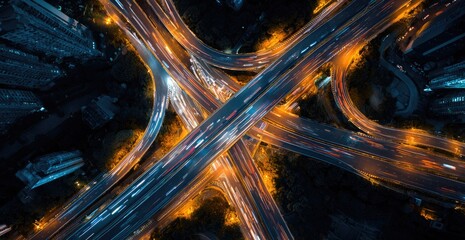 Nighttime highway intersection, aerial view.  Complex network of roads crisscrossing.  Light trails from moving vehicles. Urban cityscape visible below