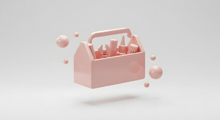 Minimalist Pink 3D Toolbox Floating with Tools and Spheres. Creative Problem Solving Concept on White