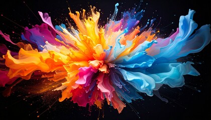 Obraz premium Vibrant explosion of colorful paint splashes on a black background.
